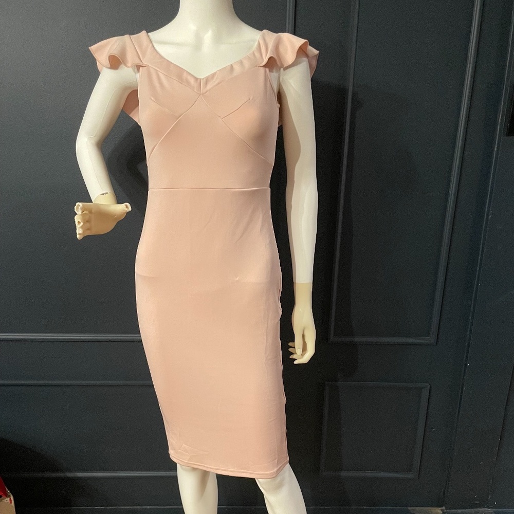 Showpo. Blush Pink Midi Off-Shoulder Bodycon Cocktail Dress Sz 4 (US)